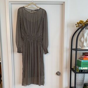 Elegant Black and Tan Checkered Work Dress with Detachable Black Slip